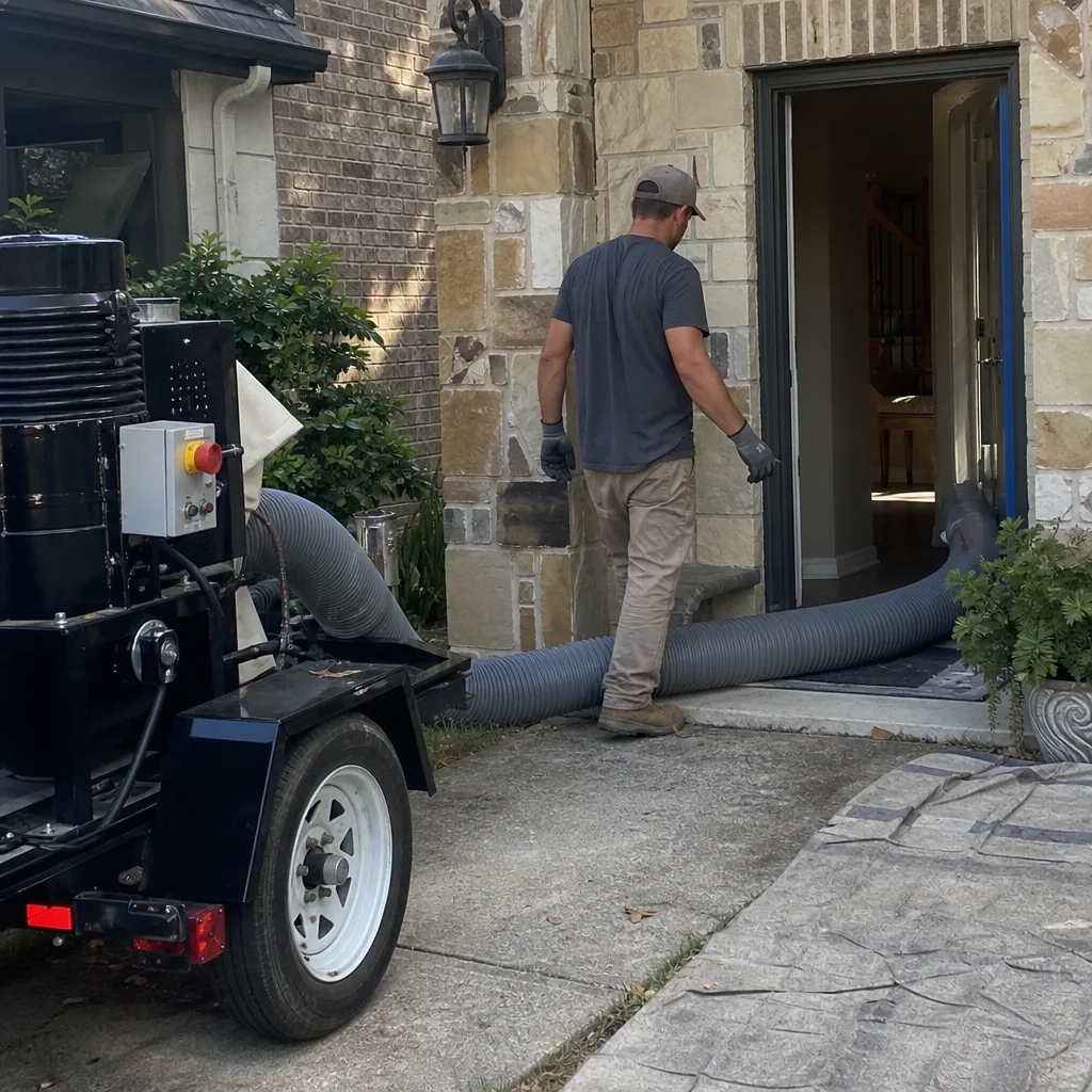 Technician using professional air duct cleaning equipment at a residence