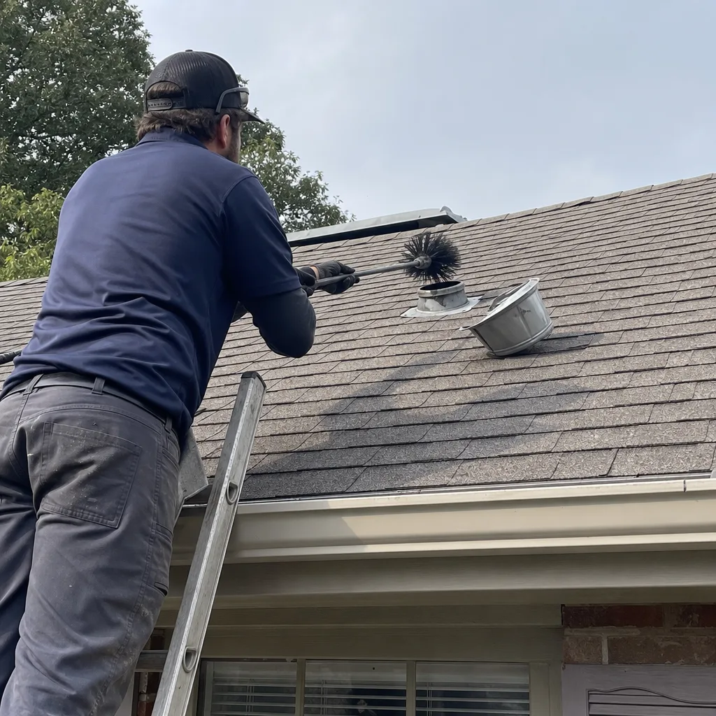 Technician cleaning dryer vent on a residential roof using a brush