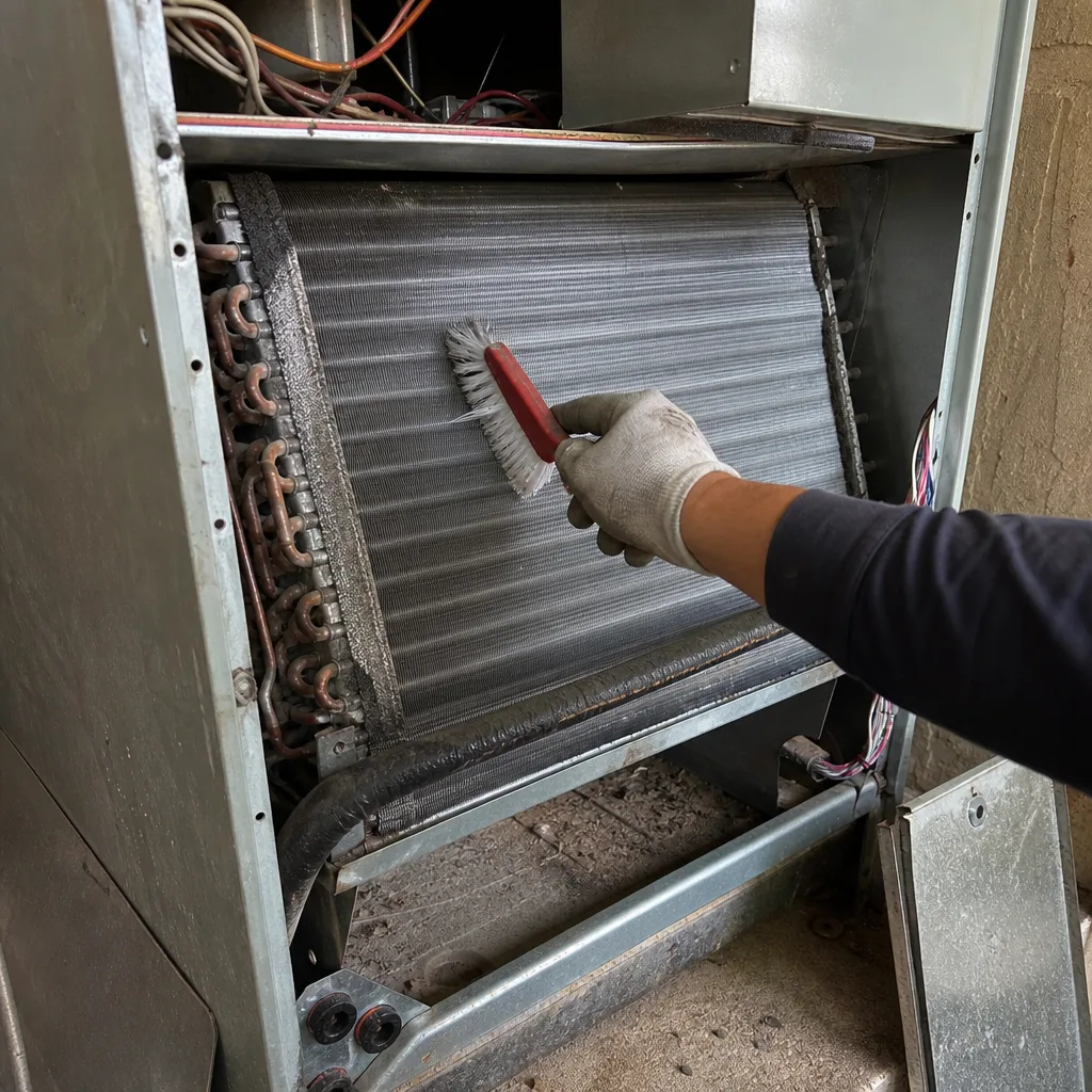 HVAC technician cleaning dusty air conditioning coil fins with a brush