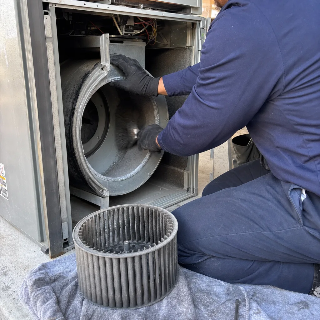 Technician cleaning HVAC furnace blower housing with a professional brush