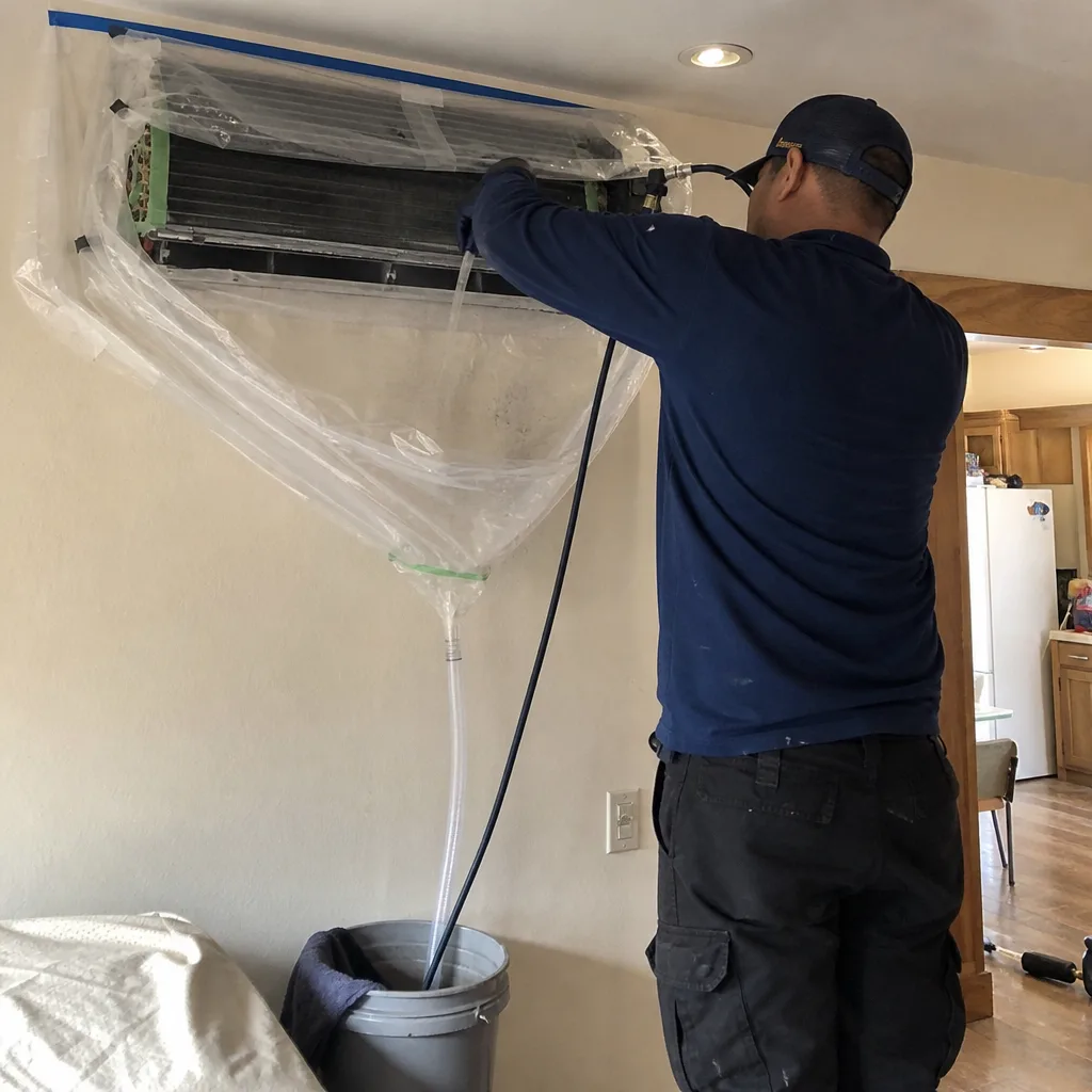 Technician performing professional wall-mounted HVAC unit cleaning and maintenance